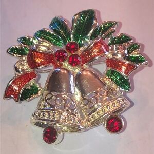 Avon Holiday Pin Sleigh Bells Festive Silver Tone and Red Bell Brooch